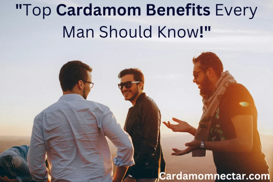 3 men are talking happly in the open area talking about cardamom health benefits for men