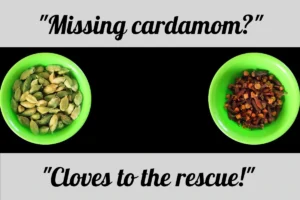 there are two bowls. in first bowl there are cardamoms and in the other, cloves are placed on the shelf to us as cardamom substitute