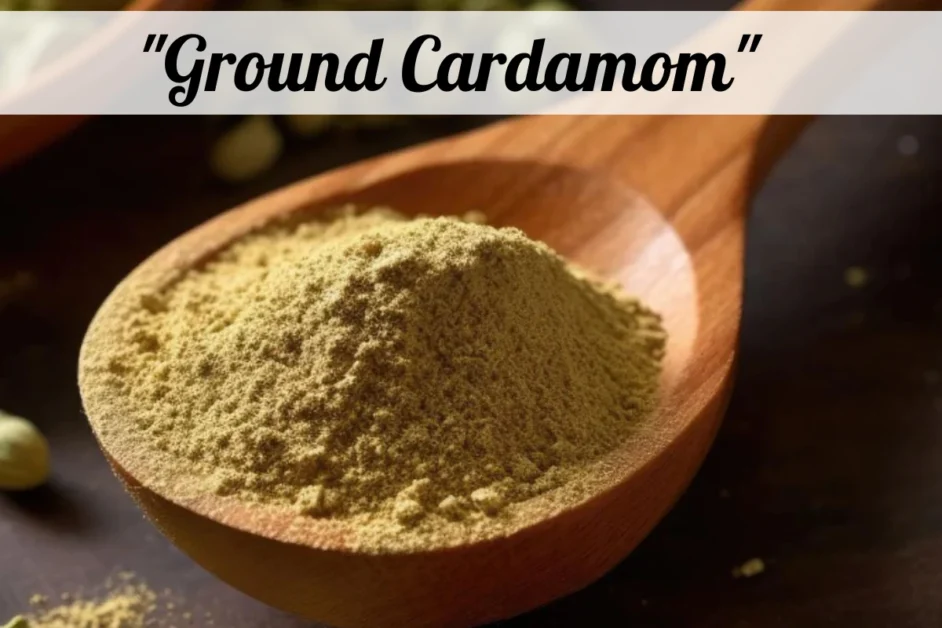 a little amount of ground cardamom in a wooden spoon and some pods around it