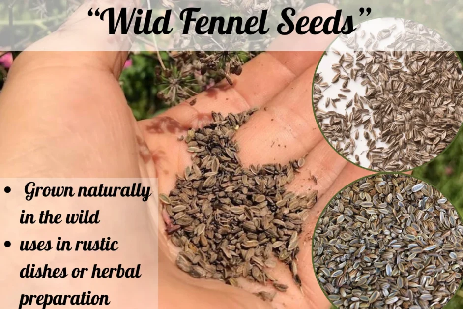 wild fennel seeds in the hand of a man standing beside the wild fennel seed plant in the wild place