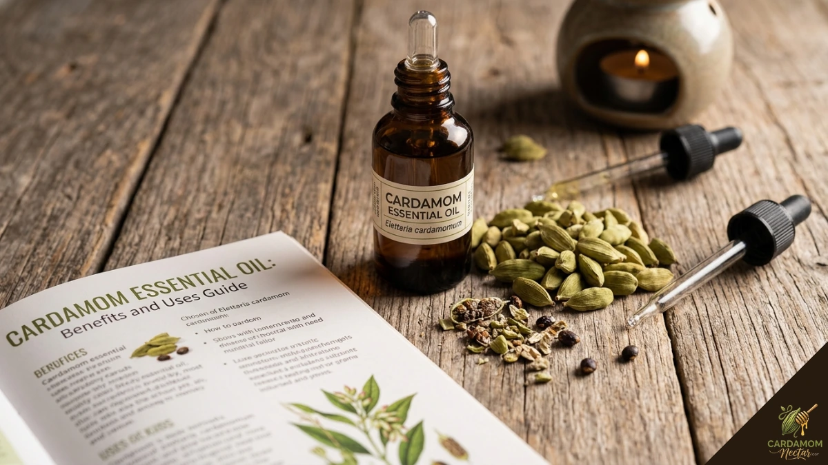 Dark amber glass bottle of cardamom essential oil with green cardamom pods and seeds on wooden surface