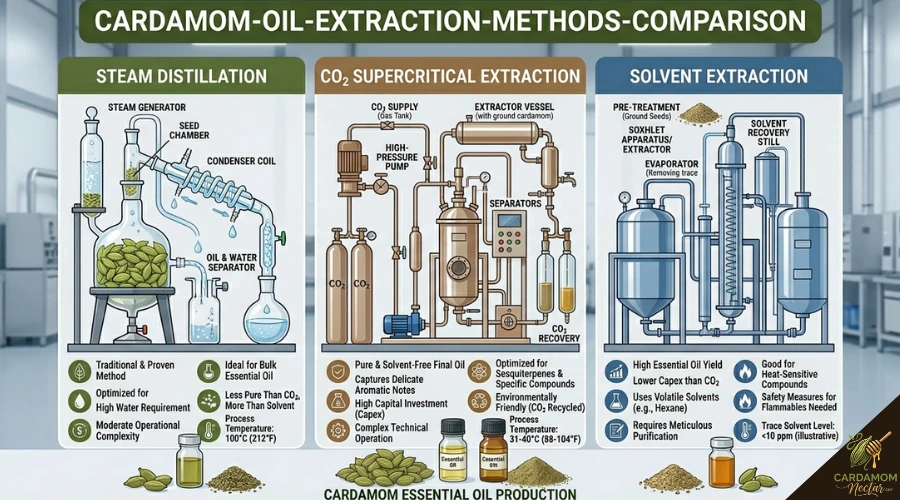 Side-by-side comparison of three cardamom oil extraction methods — steam distillation apparatus, CO2 supercritical extractor, and solvent extraction equipment — cardamom essential oil production
