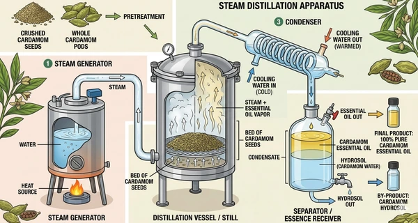 Green cardamom seeds being steam distilled in a copper still to extract cardamom essential oil — steam distillation process diagram
