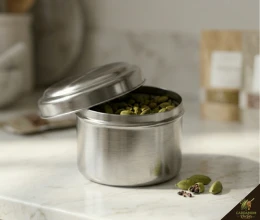 Airtight metal tin for cardamom storage — traditional South Asian masala dabba