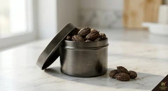 Black cardamom pods in dark metal tin