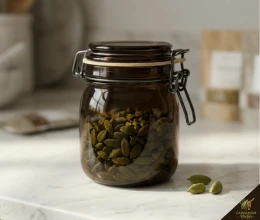 Dark amber glass jar with rubber seal lid — best container for storing cardamom pods
