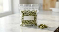 Vacuum sealed bag of cardamom pods in freezer