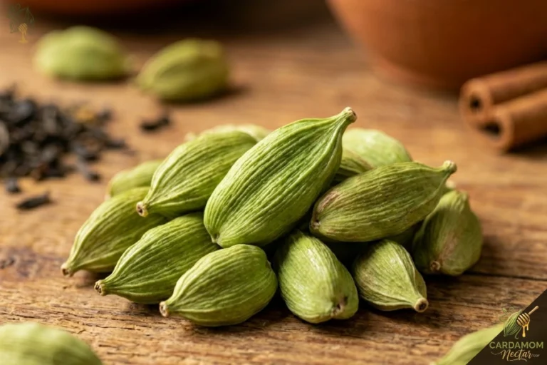 High quality green cardamom pods for tea — bright green Kerala grade pods showing fresh texture and ridges