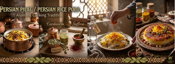 Iran Persia cardamom saffron cuisine — Persian rice pilaf rosewater aromatic cooking