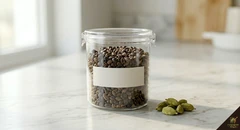 Cardamom seeds in small sealed glass jar