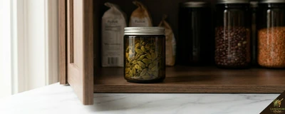 Airtight dark glass jar filled with whole green cardamom pods — correct storage for whole cardamom pods
