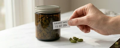 Labelling cardamom jar with purchase date — prevents using stale cardamom