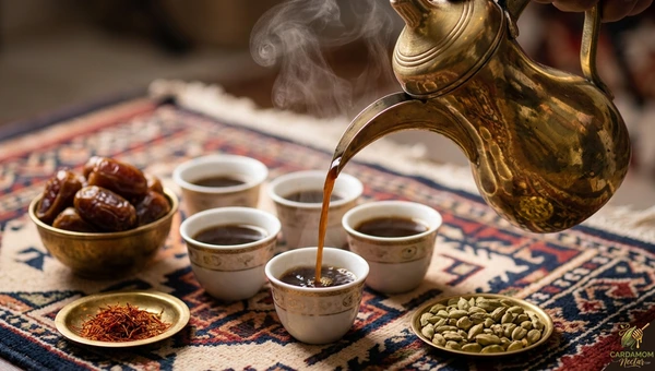 Arabic qahwa cardamom coffee in traditional dallah pot with finjan cups and dates