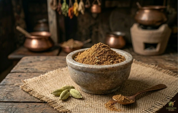 Baharat Arabic seven spice blend with cardamom in small bowl — Middle Eastern cuisine