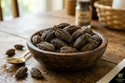 Large dark brown ridged black cardamom pods — badi elaichi — smoky earthy flavour