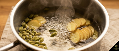 Cardamom ginger tea simmering on low heat turning deep amber colour