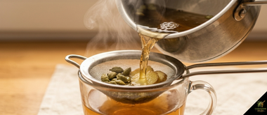 Covering saucepan to steep cardamom ginger tea then straining into ceramic cup