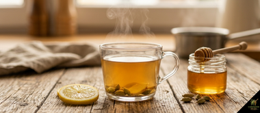 Warm cardamom ginger digestive tea in white cup with honey being stirred in