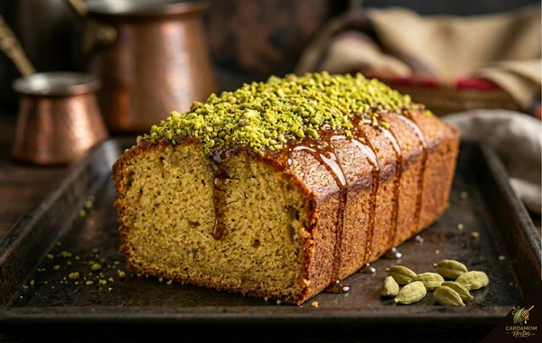 Cardamom honey cake loaf with pistachio crumb and honey drizzle — Persian inspired baking