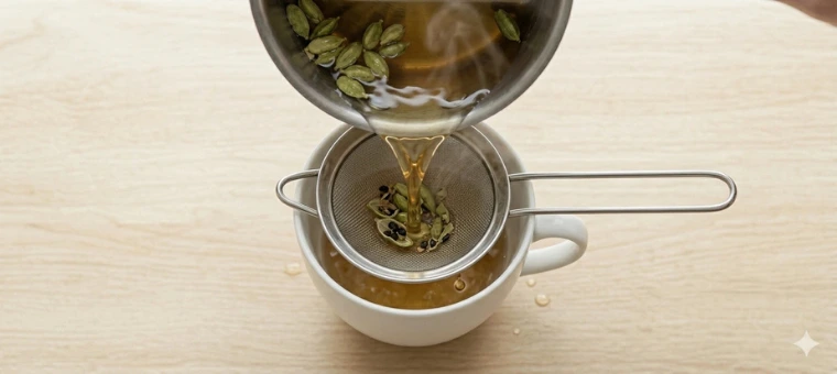 Cardamom digestive tea being strained through fine mesh into white ceramic cup after meal