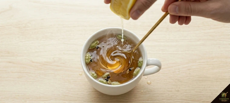 Raw honey being added to warm cardamom digestive tea in white cup after meal