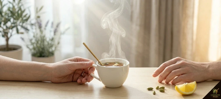 Person holding white ceramic mug of cardamom honey lemon tea in early morning light with steam rising empty stomach ritual