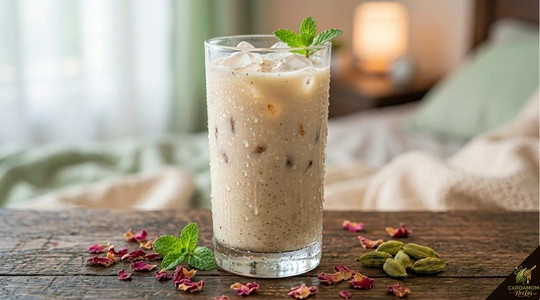 Iced cardamom milk in tall glass with ice cubes — cold summer version of doodh elaichi