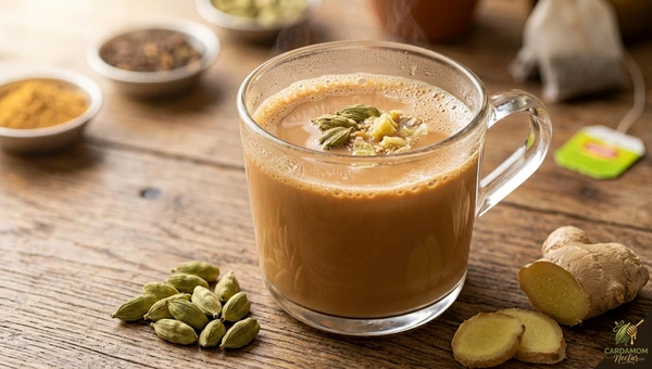 Masala chai in glass with cardamom pods and ginger — elaichi wali chai recipe