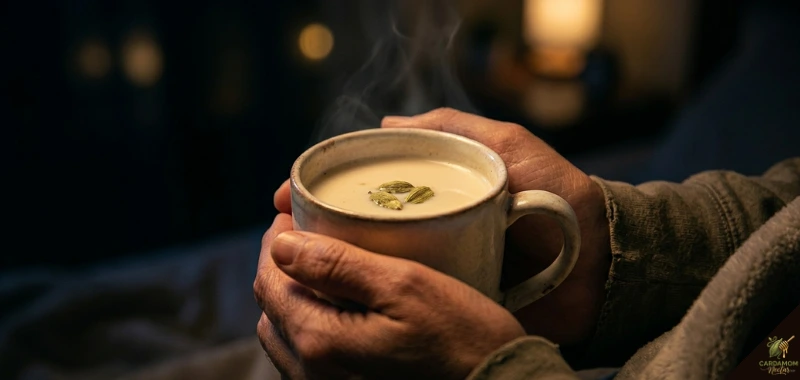Warm cup of cardamom milk at night — bedtime ritual doodh elaichi for sleep and relaxation