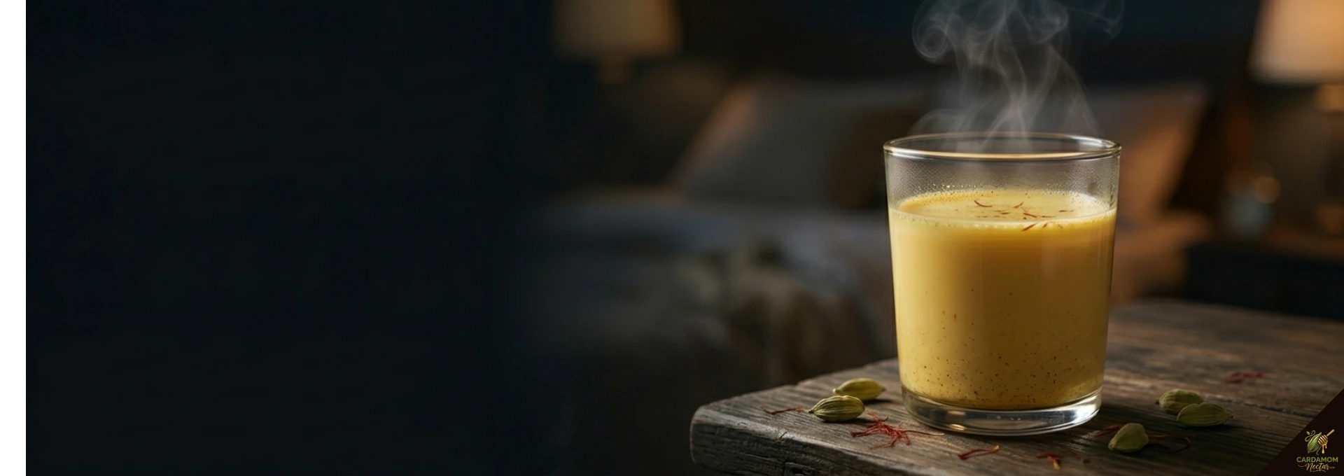 Warm glass of cardamom milk doodh elaichi with steam rising — green cardamom pods saffron on dark wooden surface golden bedtime drink