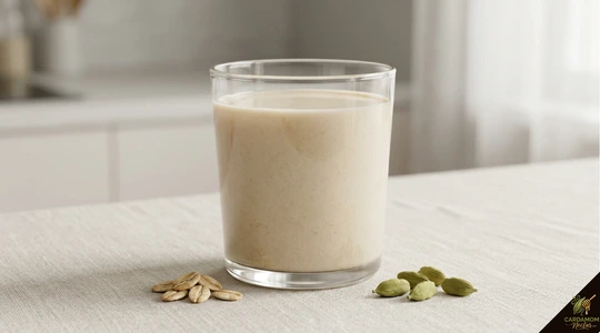 Cardamom oat milk in glass — vegan dairy-free cardamom milk recipe with green cardamom pods