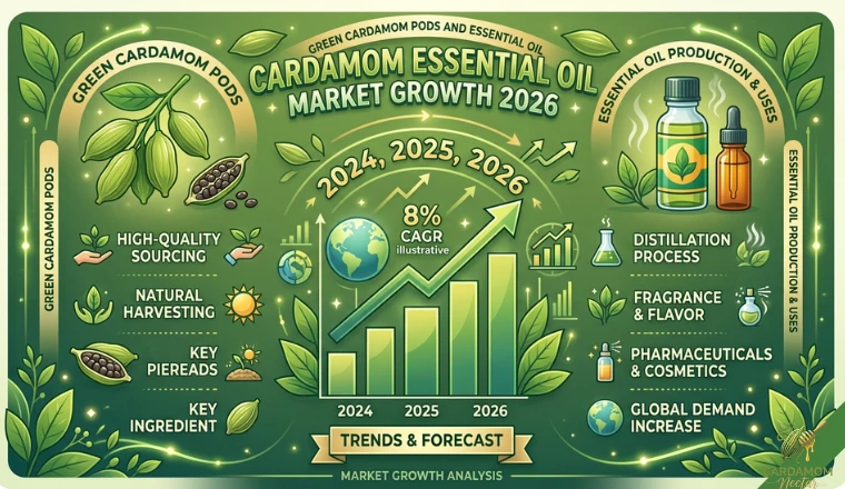 A green cardamom pods and essential oil market growth infographic with a 2026 forecast and 8% illustrative CAGR