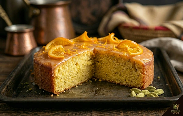 Cardamom orange olive oil cake with orange glaze and cardamom pod decoration