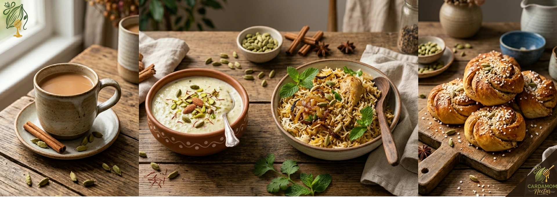 Beautiful spread of cardamom dishes — masala chai glass, kheer bowl, biryani rice, cardamom buns and whole green cardamom pods on dark wooden board