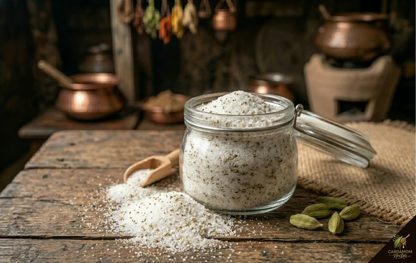 Cardamom sugar blend in glass jar — ground cardamom mixed with white sugar for baking
