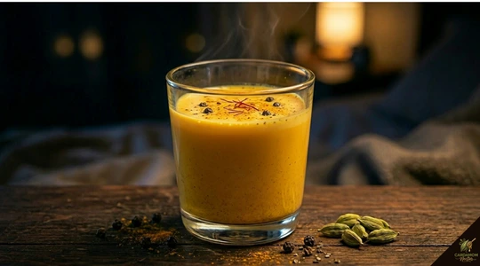Cardamom turmeric golden milk in glass with black pepper — Ayurvedic anti-inflammatory drink