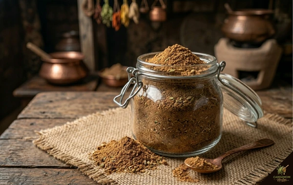Chai masala blend in glass jar — ground cardamom ginger cinnamon Pakistani tea masala