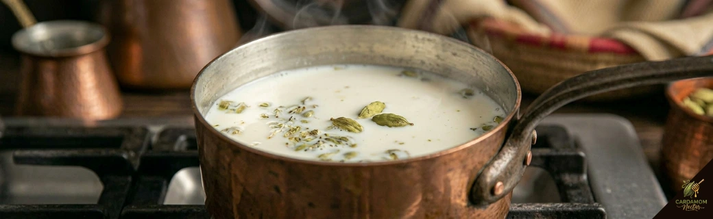 Cardamom milk simmering in saucepan with crushed green cardamom pods — doodh elaichi recipe step by step