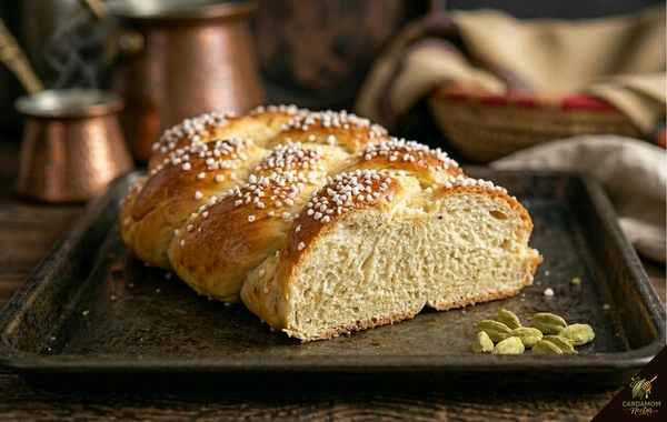 Finnish pulla cardamom braided sweet bread dusted with pearl sugar