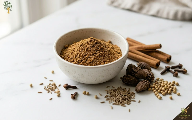 Freshly ground garam masala powder in bowl surrounded by whole spices including black cardamom