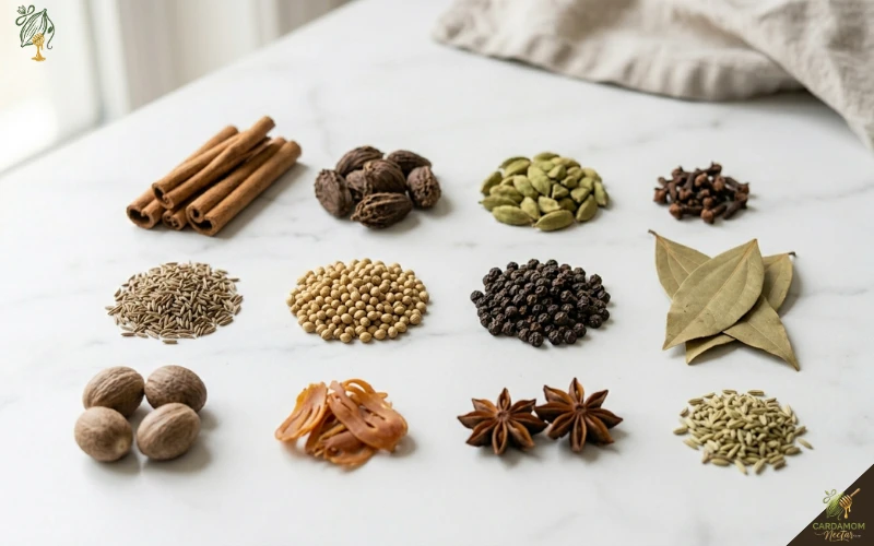 All 12 whole spices measured and arranged before garam masala toasting begins