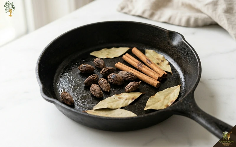 Black cardamom cinnamon bay leaves and mace toasting first in dry cast iron skillet for garam masala