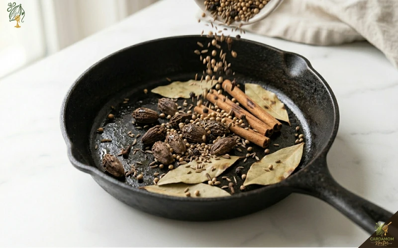 Coriander cumin peppercorns cloves fennel and star anise added to already-toasting large spices in skillet