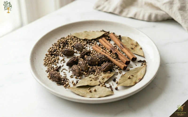 Toasted garam masala spices spread on plate in single layer cooling completely before grinding