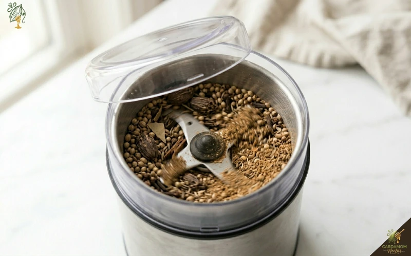 Cooled garam masala whole spices being ground to fine powder in electric spice grinder