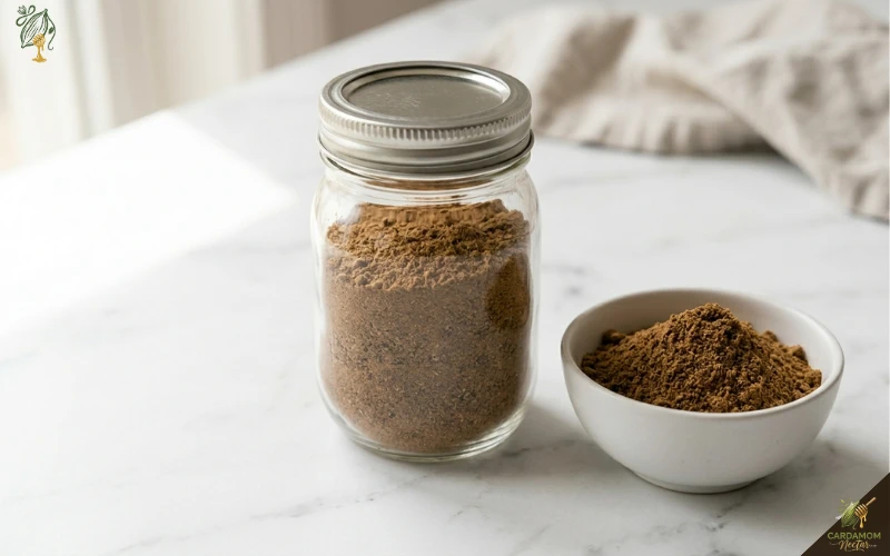 Freshly ground garam masala in sealed glass jar labelled with date for airtight storage