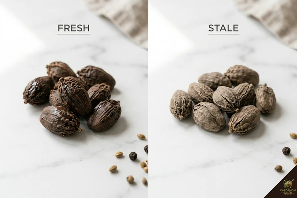 Fresh black cardamom pods vs old stale ones for garam masala — colour and texture difference