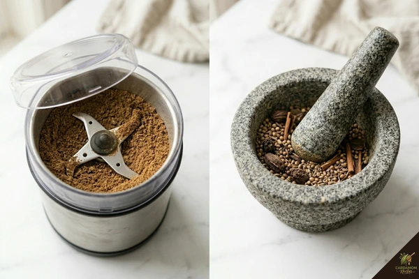 Electric spice grinder versus traditional mortar and pestle for grinding garam masala