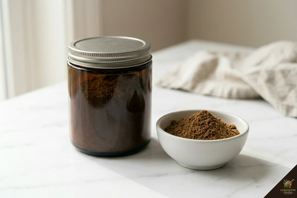 Garam masala stored in sealed dark glass jar away from light and heat