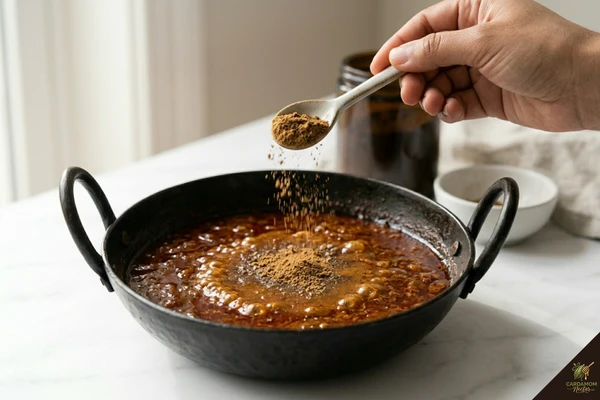Garam masala being added at the very end of cooking to Pakistani curry to preserve aromatics